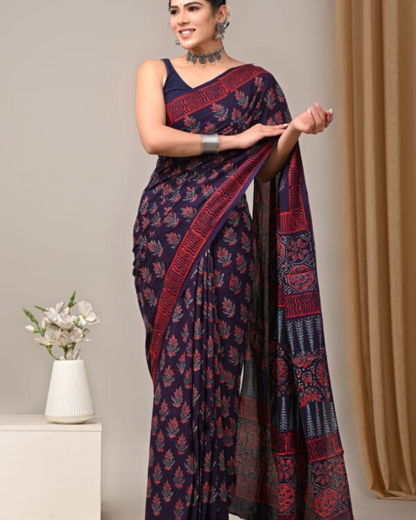 Cotton Mull Block Printed Saree CCTHA0009