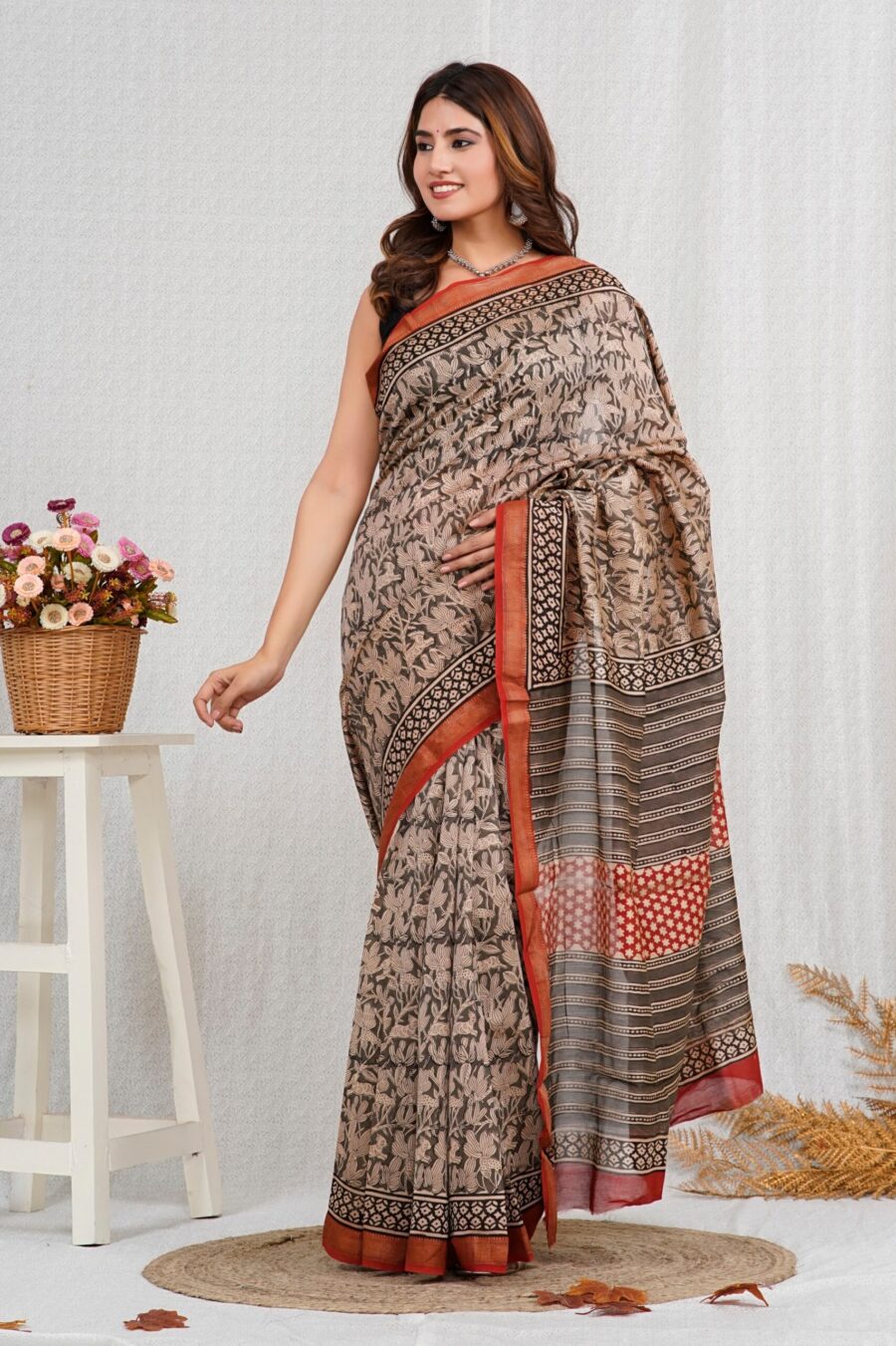 Hand Block Printed Maheshwari Silk Saree MCHA00001