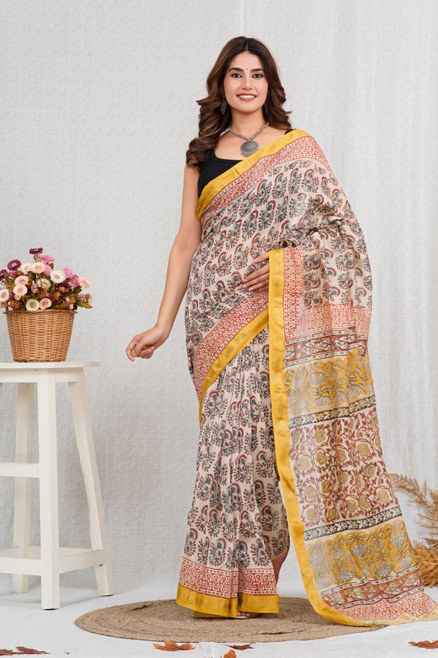 Hand Block Printed Maheshwari Silk Saree CMHA00002