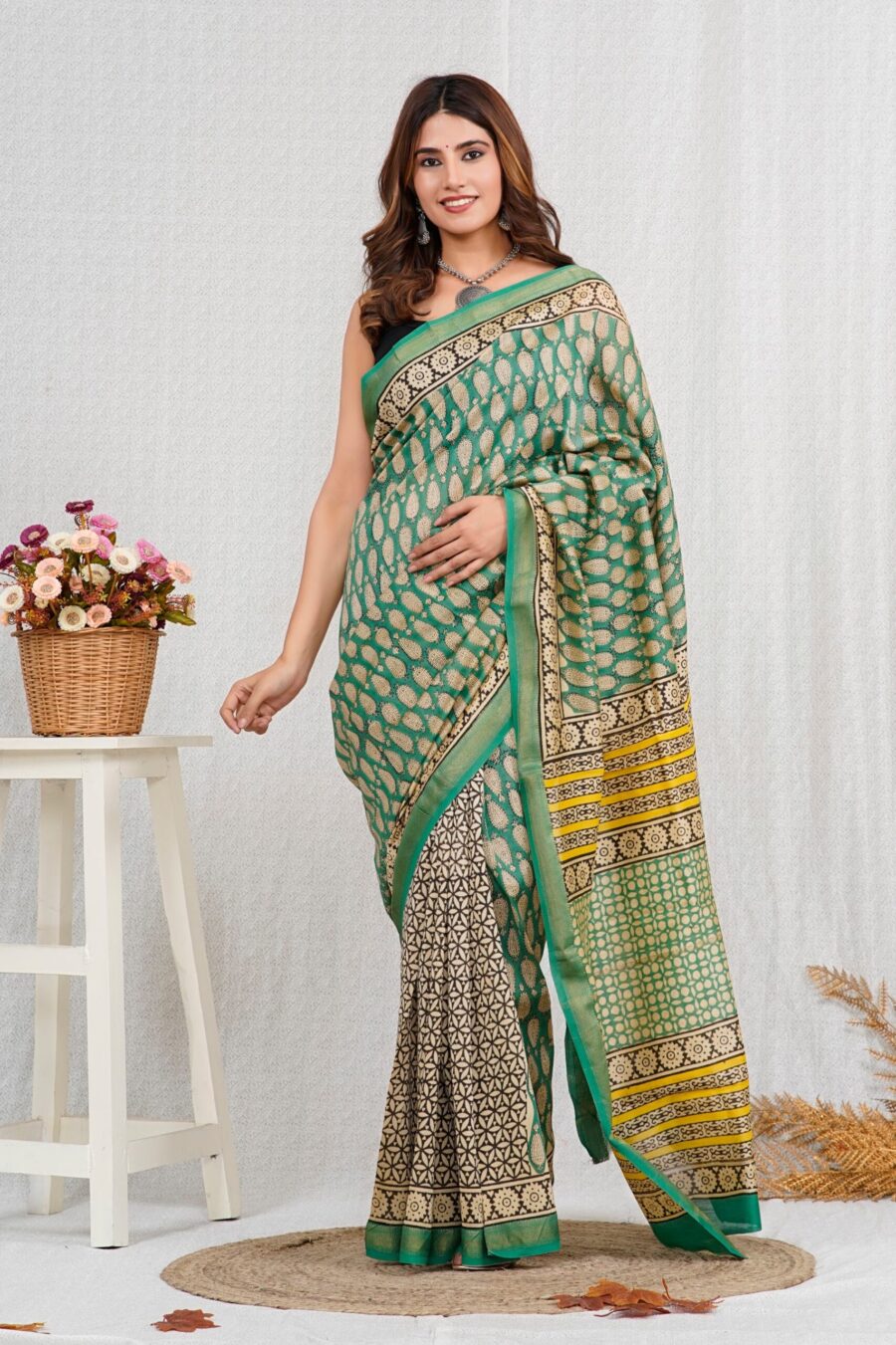 Hand Block Printed Maheshwari Silk Saree CMHA00006