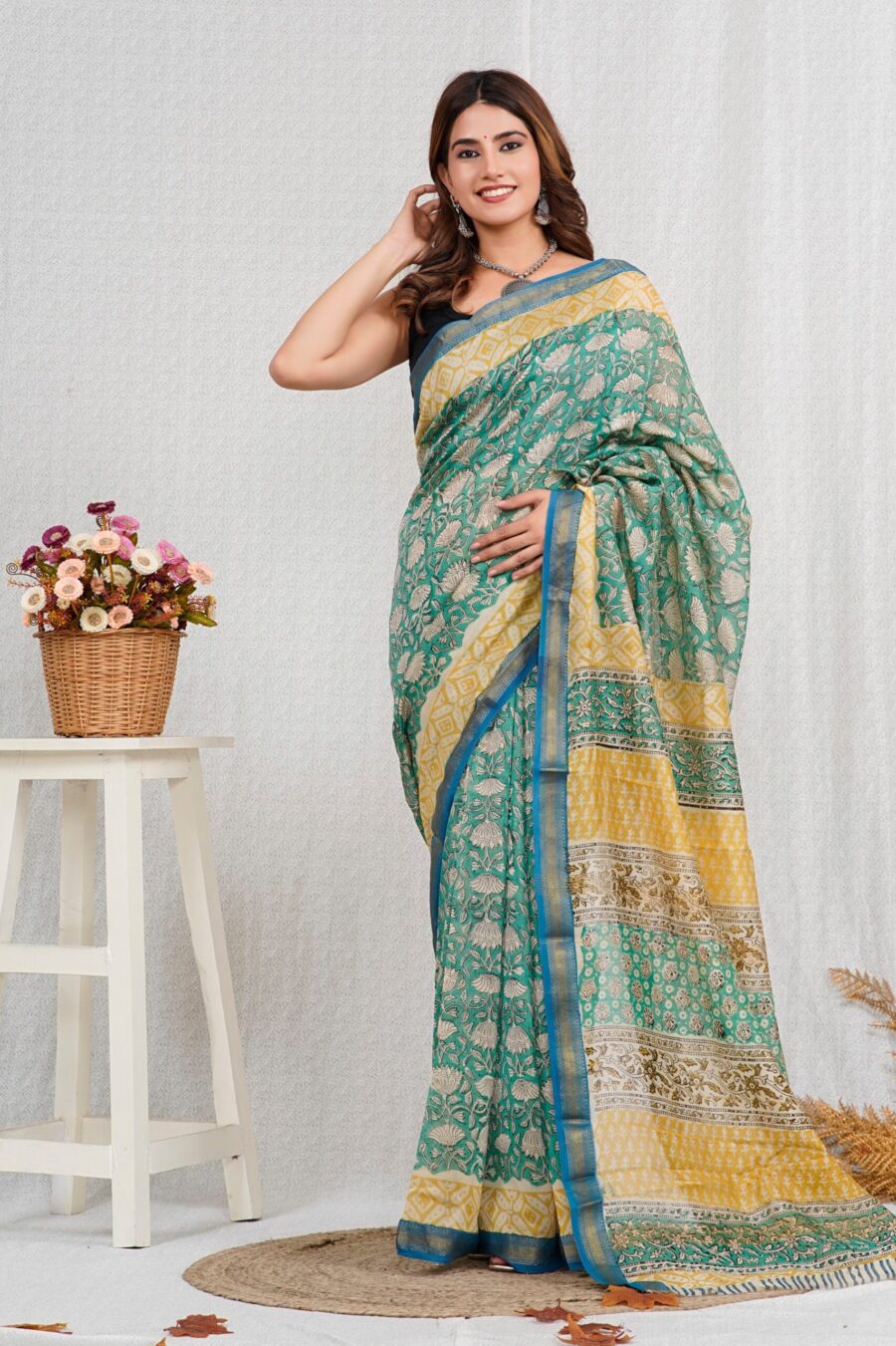 Hand Block Printed Maheshwari Silk Saree CMHA00008