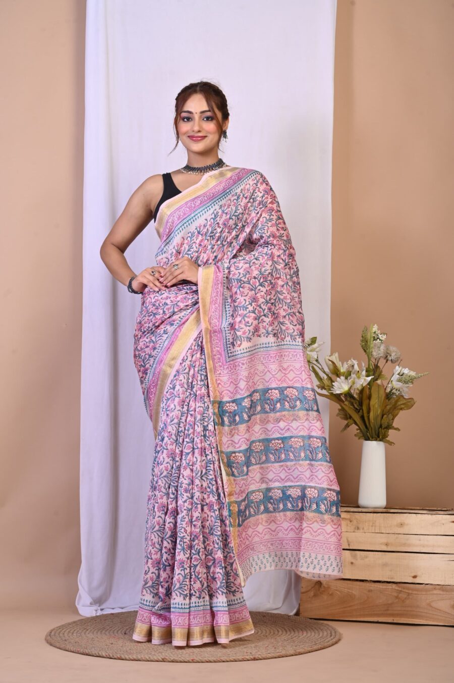 Hand Block Printed Maheshwari Silk Saree CMHA00009