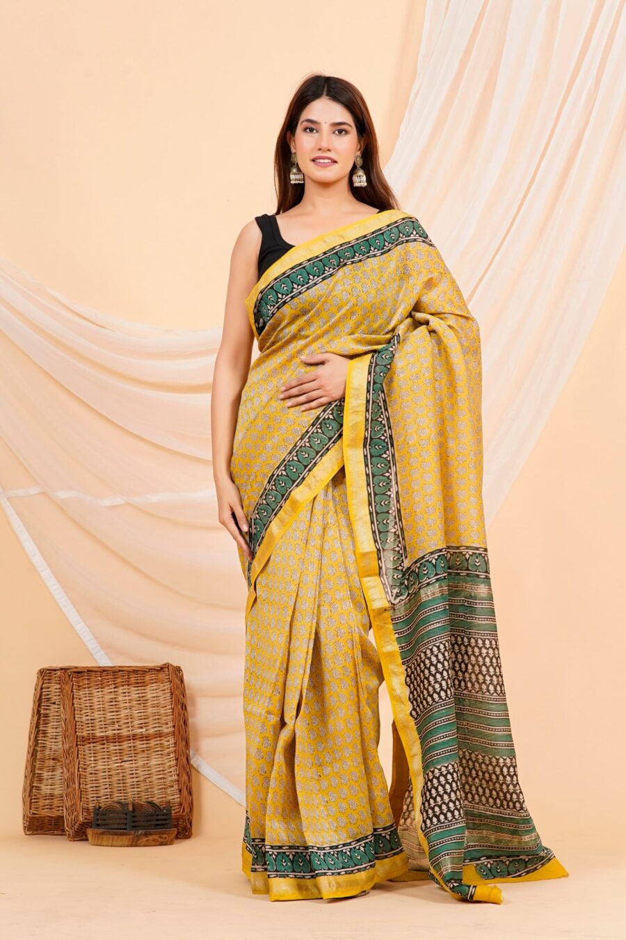 Hand Block Printed Maheshwari Silk Saree CMHA00013