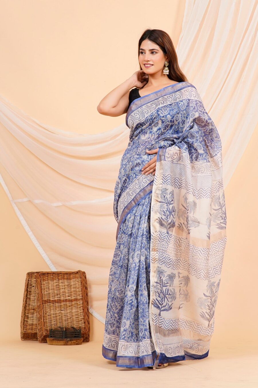 Hand Block Printed Maheshwari Silk Saree CMHA00014