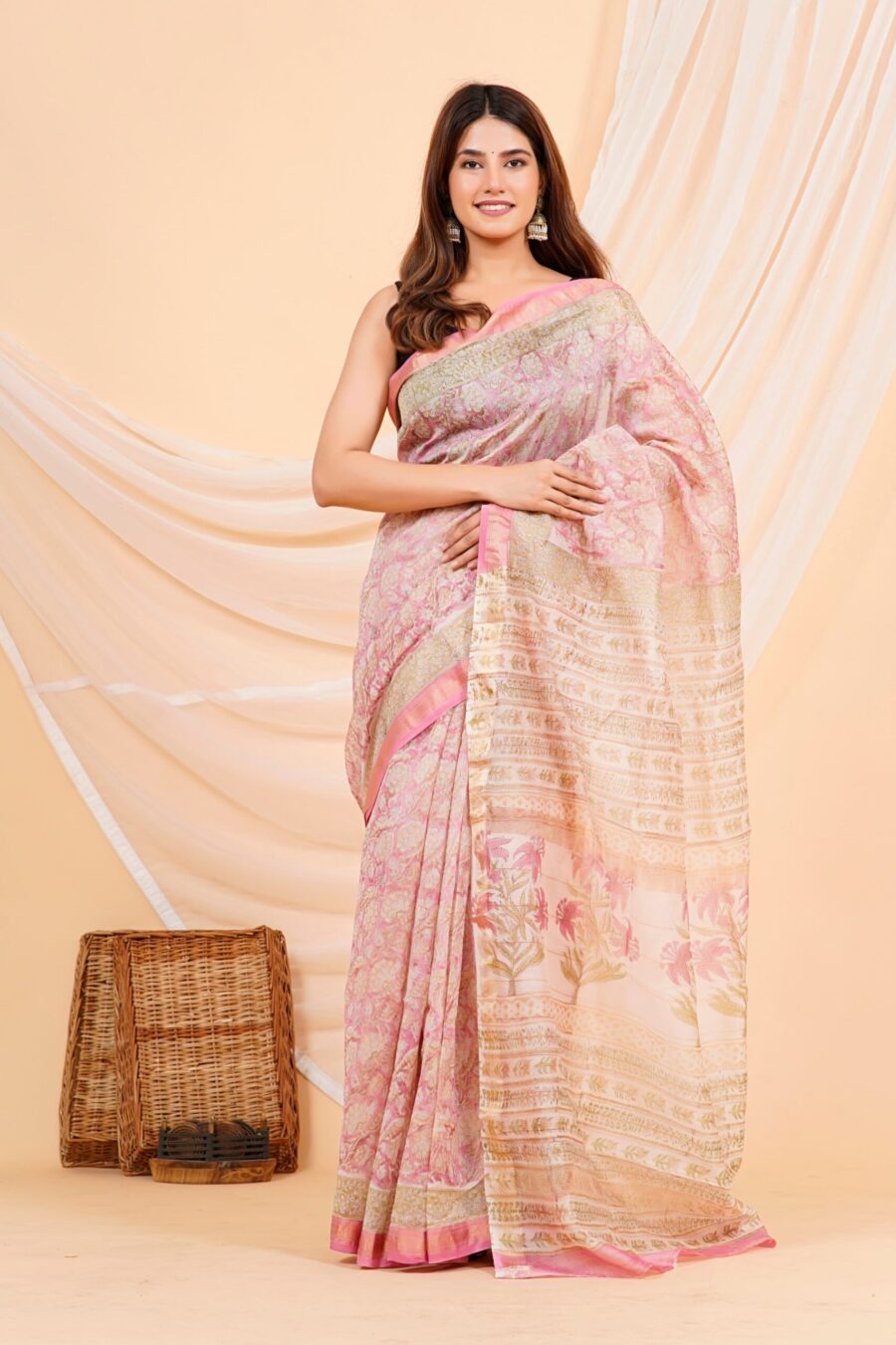Hand Block Printed Maheshwari Silk Saree CMHA00015