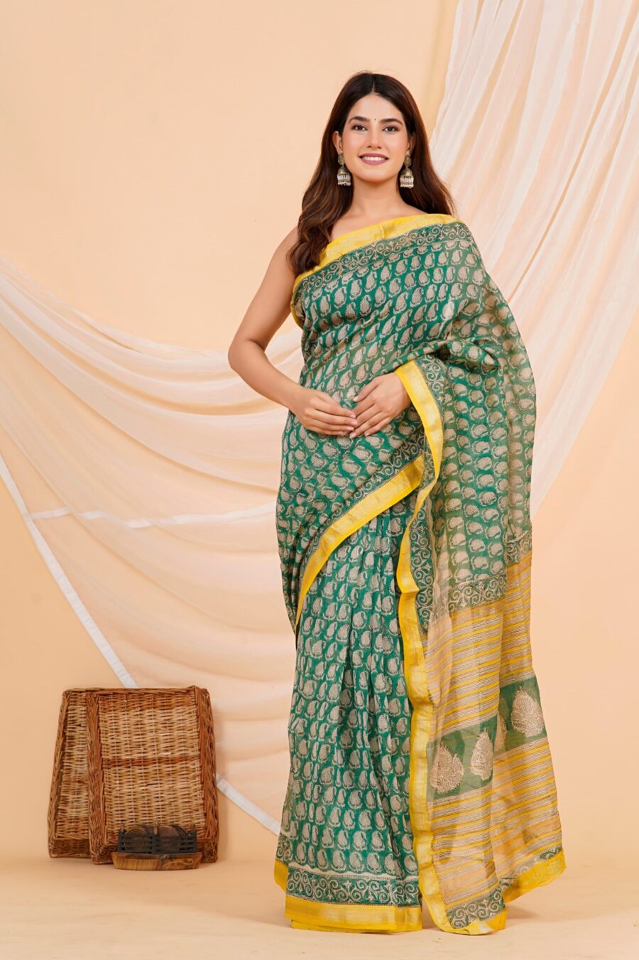 Hand Block Printed Maheshwari Silk Saree CMHA00020