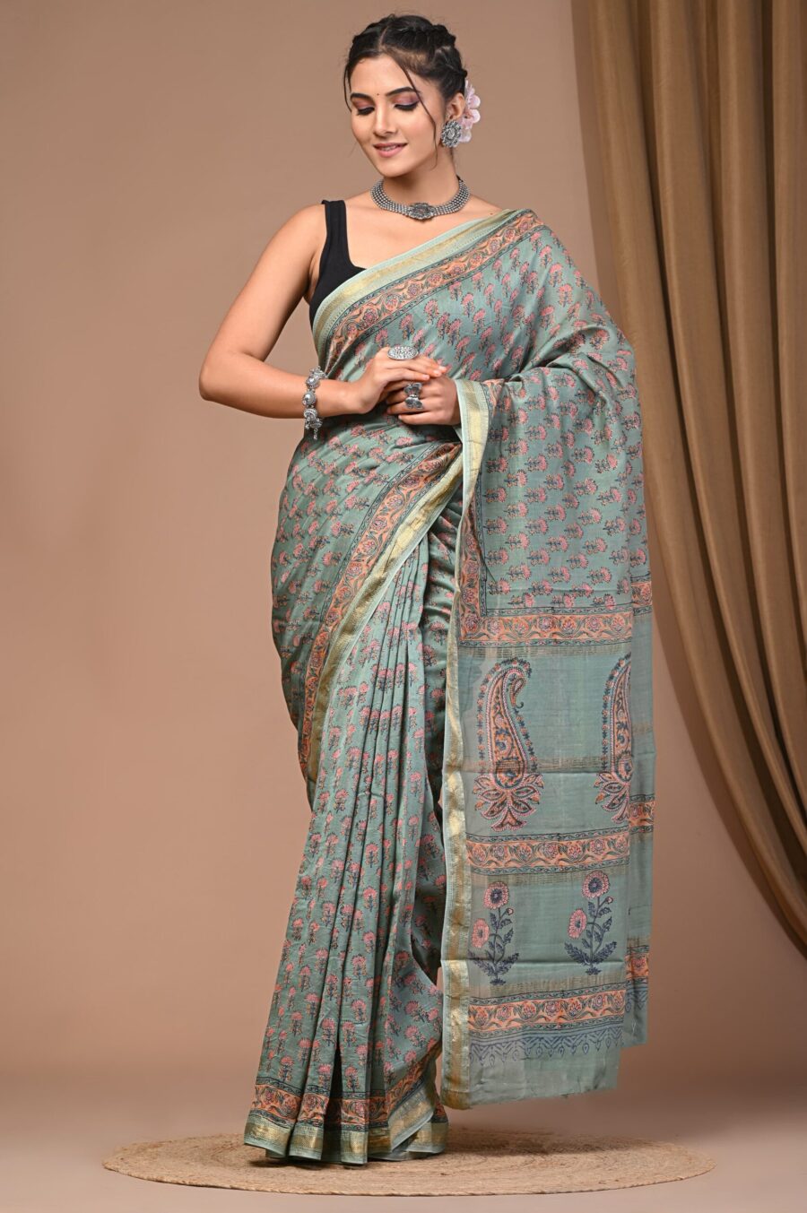Hand Block Printed Maheshwari Silk Saree CMHA00021