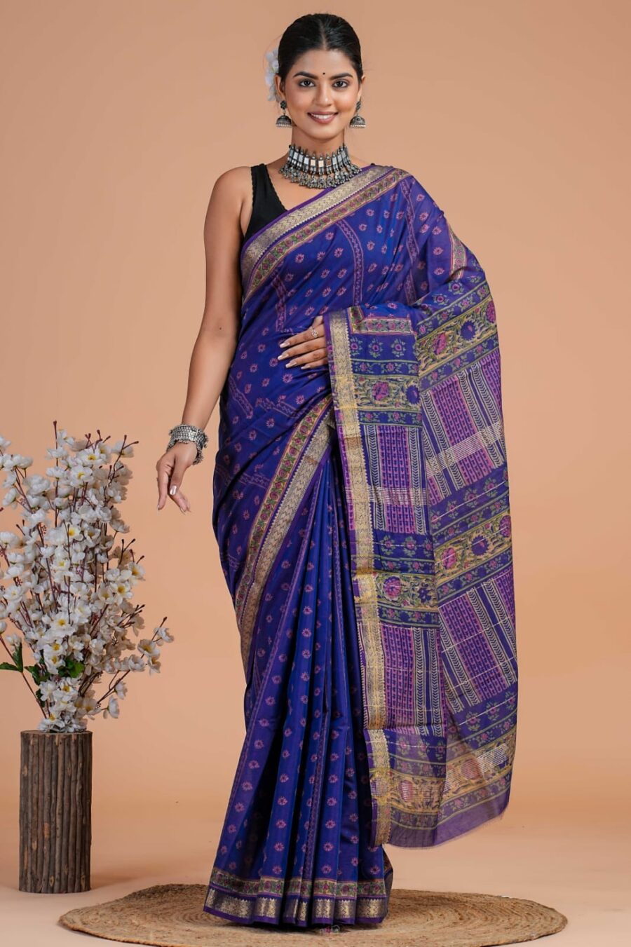 Hand Block Printed Maheshwari Silk Saree CMHA00028