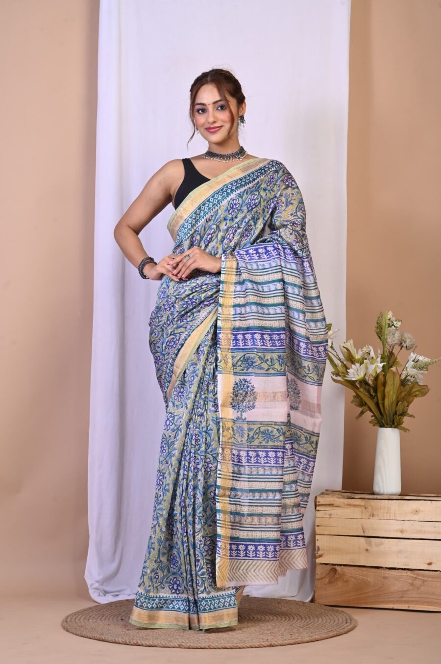 Hand Block Printed Maheshwari Silk Saree CMHA00029